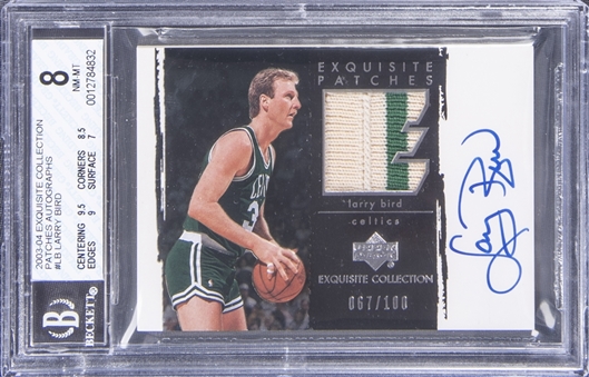 2003-04 UD "Exquisite Collection" Patches Autographs #LB Larry Bird Signed Patch Card (#067/100) - BGS NM-MT 8/BGS 10